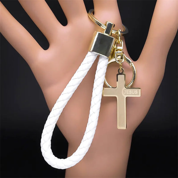 Llavero con colgante de cruz de Jesús de acero inoxidable para mujer y hombre.