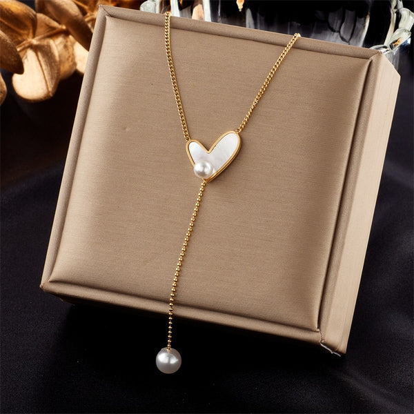 316L Stainless Steel Heart Pearl Long Pendant Necklace For Women
