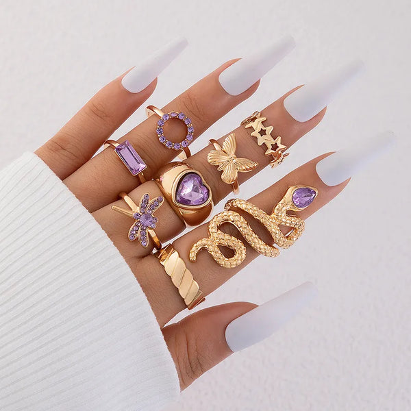 Conjunto de anillos de corazón de circonita de cristal morado con temperamento de moda para mujer