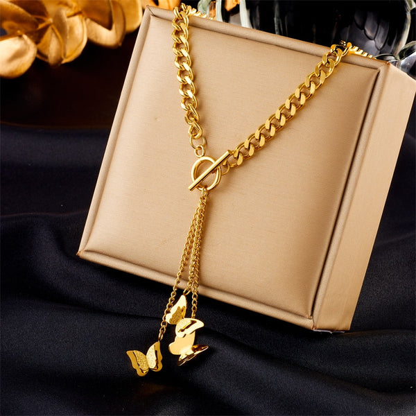 316L Stainless Steel Gold Color Butterfly Long Pendant Necklace For Women