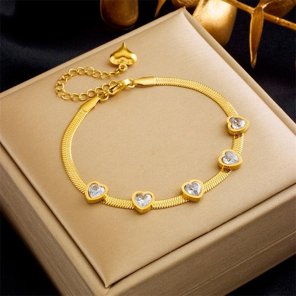 316L Stainless Steel White Heart Crystal Charm Bracelet For Women