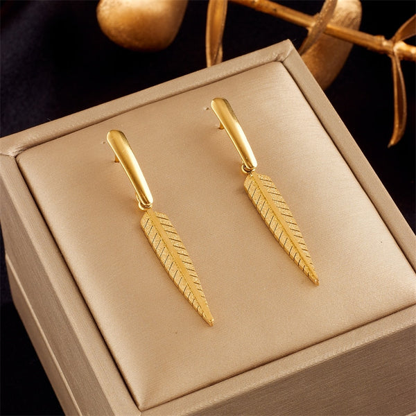 316L Stainless Steel Gold Color Feather Leaf Drop Earrings For Women