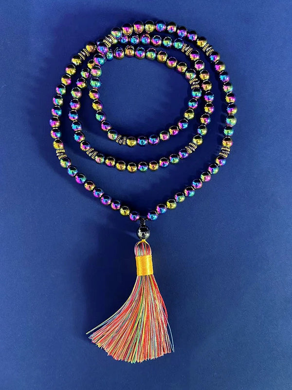Collar de 108 cuentas de mala para yoga, energía, cuentas de piedra natural de 8 mm, hematita negra y hierro.