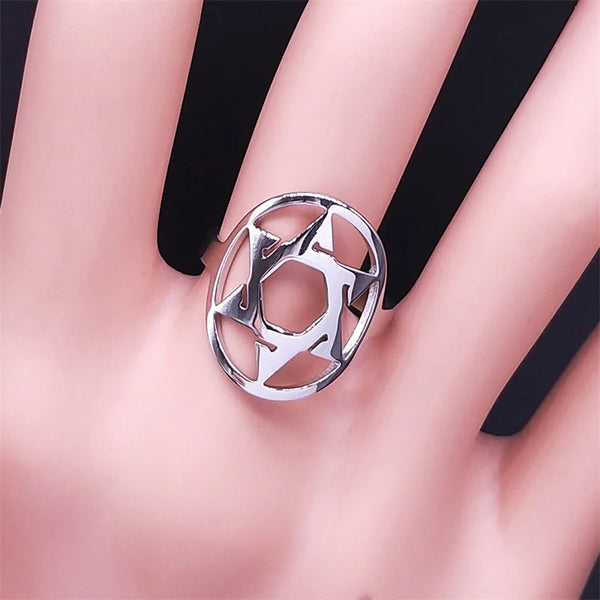 Anillo de acero inoxidable con símbolo de hexagrama y estrella de David ajustable