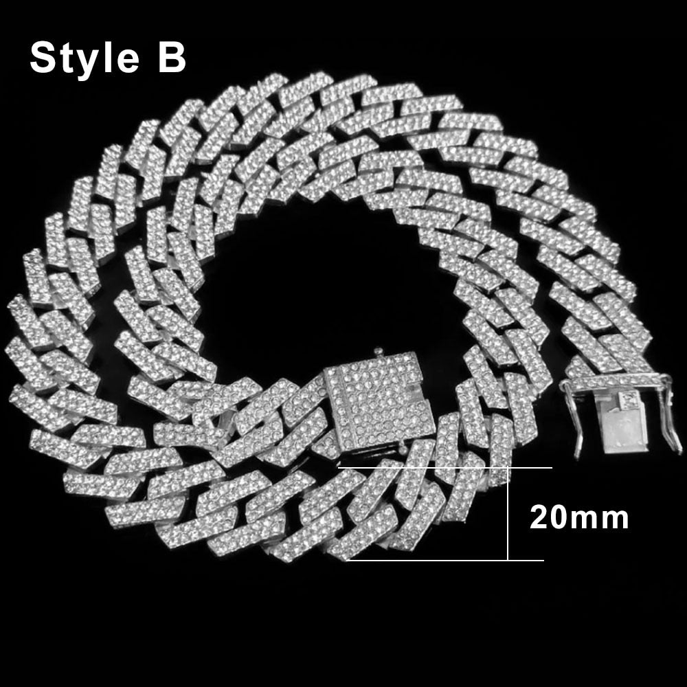 15MM Hip Hop Prong Cuban Chain 2 Row AAA+ Iced Out Bling Rhinestone Necklaces
