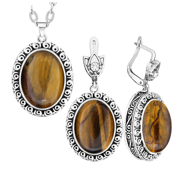 Conjunto de joyas de piedra de ojo de tigre natural ovalada para mujer