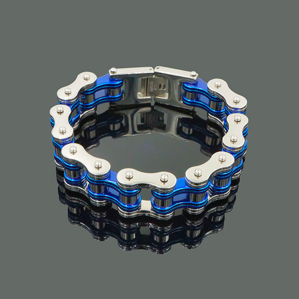 Pulseras para hombre, brazaletes azules con diseño de motociclista y cadena de eslabones para bicicleta.