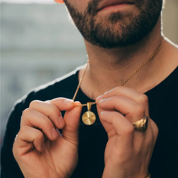 Men Pendant Necklace,Gold Plated Embossing Radiation Round Disc Pendant