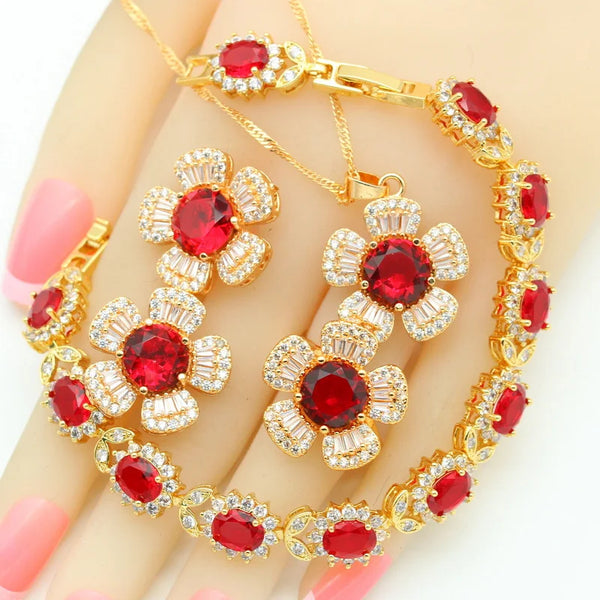 Red Stones Gold Color Bridal Jewelry Sets For Women