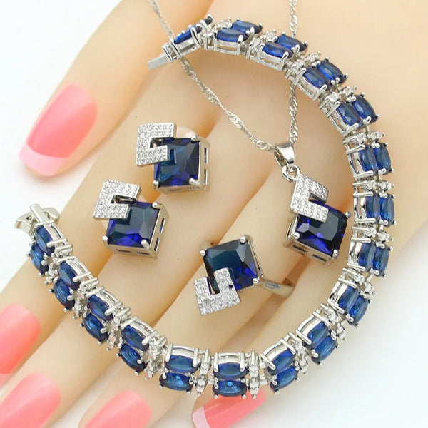 Geometric Blue Zircon Silver Color Wedding Jewelry Sets For Women