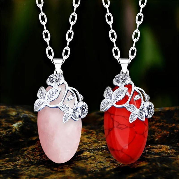 Vintage Eye Shape Quartz Lapis Lazuli Flower Pendant Necklace For Women