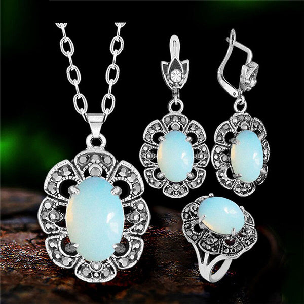Conjunto de colgante de flor vintage de piedra natural de cuarzo y ópalo para mujer