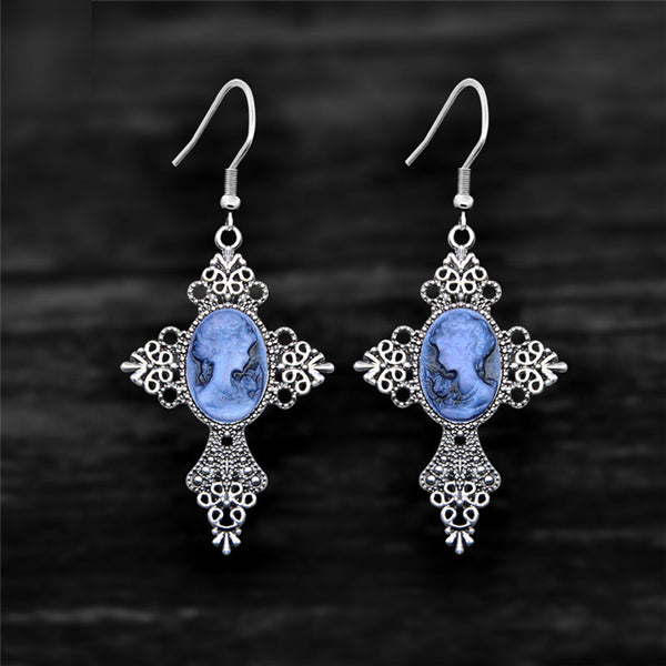 Vintage Look Cross Pendant Lady Queen Cameo Earrings For Women