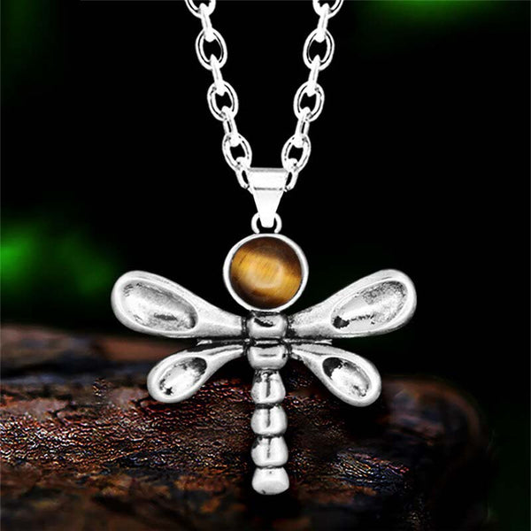 Vintage Look Natural Stone Quartz Tiger Eye Dragonfly Necklace For Women
