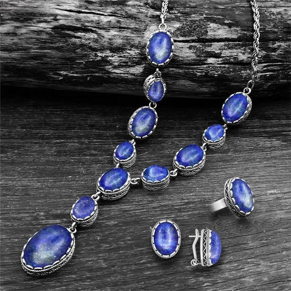 Vintage Natural Lapis Lazuli Necklace Ring Stud Earring Jewelry Sets