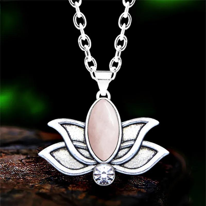 Vintage Natural Stone Quartz Lotus Necklace For Women