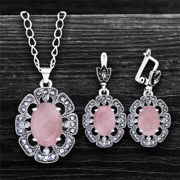 Conjunto de collar y pendientes de cuarzo natural con flor de ciruelo vintage para mujer