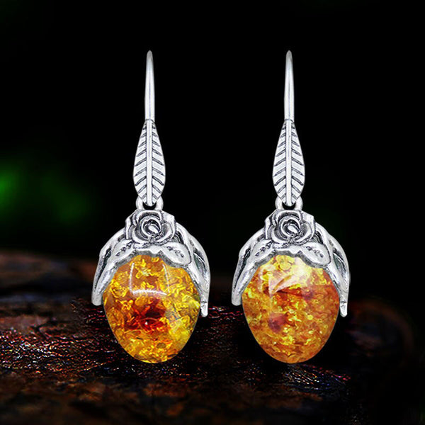 Pendientes vintage de ojo de tigre con colgante de flor de rosa y piedra natural para mujer