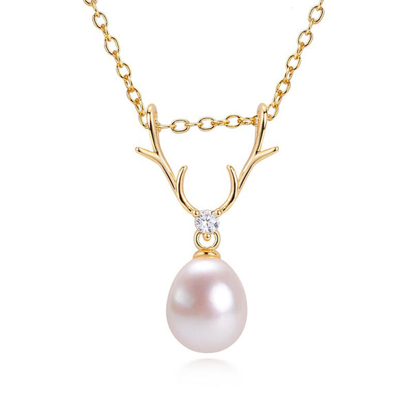 Collar con colgante de perla de alce bañado en oro de 14 quilates, 100 % perla de agua dulce