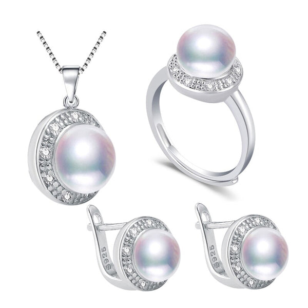 Conjunto de joyería de perlas de moda, collar, pendientes y anillo de perlas naturales 100 % auténticas.