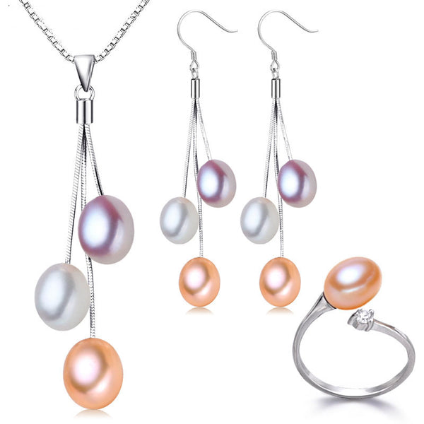 Conjunto de joyería de perlas de moda: collar y pendientes de perlas de agua dulce multicolor