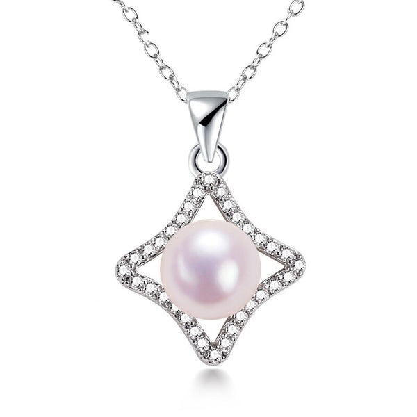 Colgante de perla y rombo de circonita en plata 925 con baño de oro de 18 quilates.