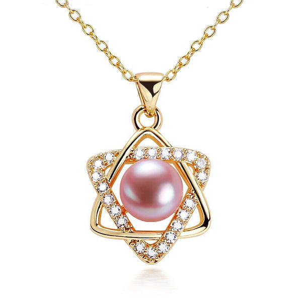 Collar con colgante de perla con forma de estrella y hexagrama, 100 % perlas naturales auténticas