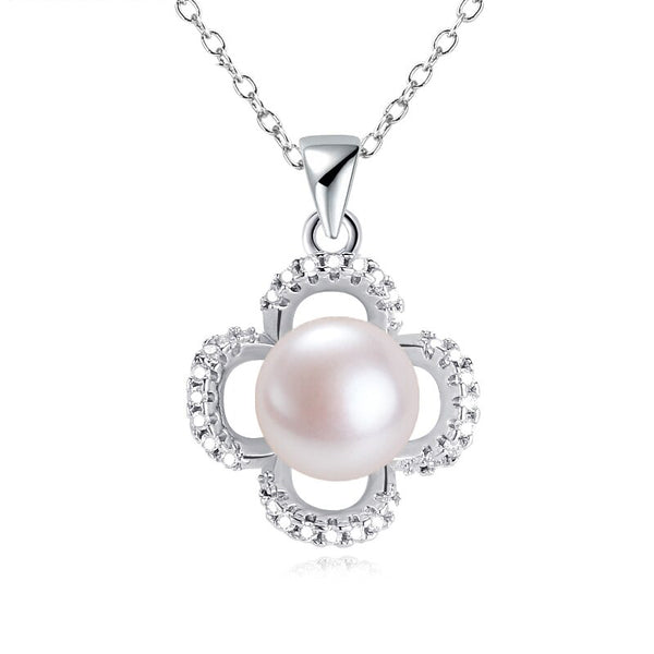 Collar con colgante de perla y trébol de circonitas, 100 % perlas naturales auténticas