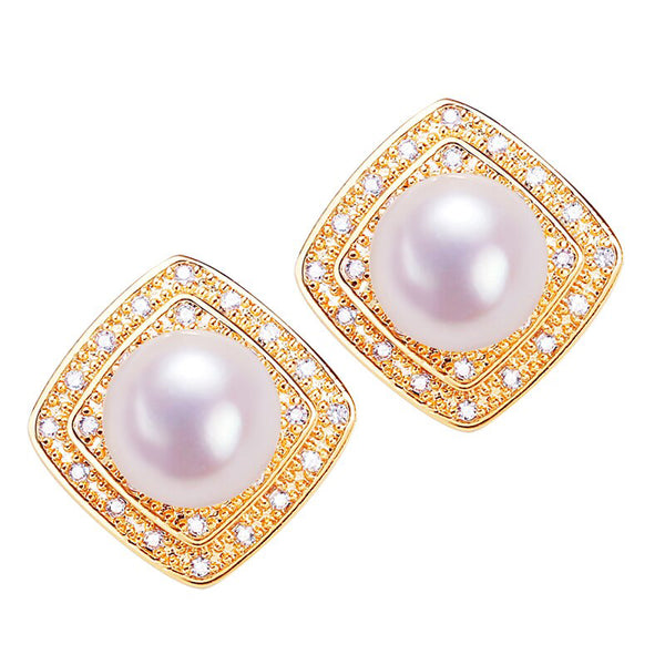 New Square Retro Stud Earring Real Natural Pearl 14k Gold Gilled Pearl Earrings For Women