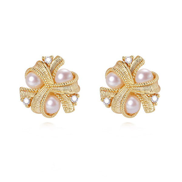Retro Palace Style Stud Earring Real Natural Freshwater Pearl 14k Gold Gilled Pearl Earrings