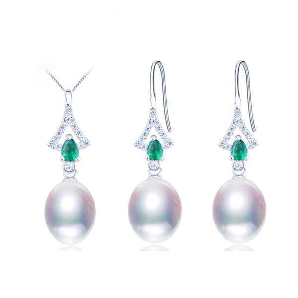 Conjunto de collar y pendientes de perlas naturales de plata de ley 925 con circonitas verdes.
