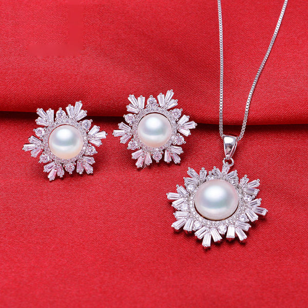 Conjunto de collar y pendientes de perlas naturales con forma de copo de nieve en plata de ley 925.