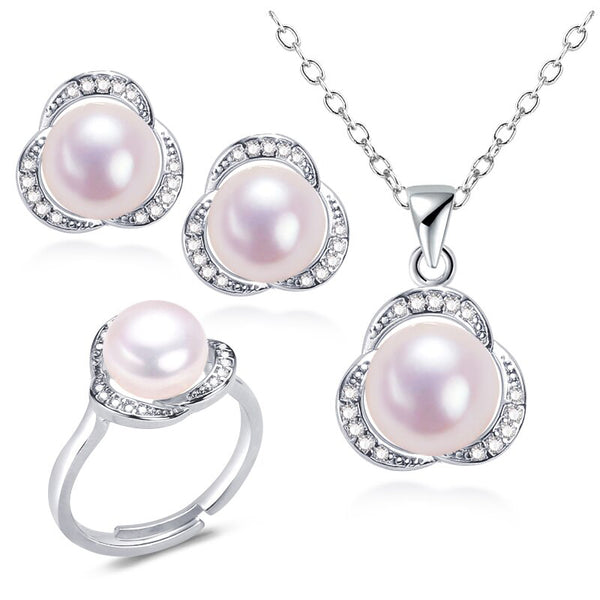 Conjuntos de joyería de perlas de flores, plata 925 y baño de oro, collar y pendientes de perlas naturales de agua dulce.