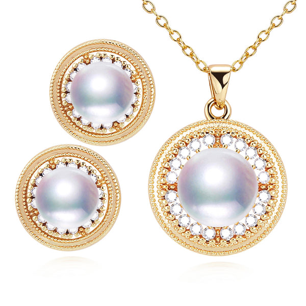 Conjuntos de joyas de perlas en forma de moneda de oro, collar y pendientes de perlas de agua dulce naturales redondas.
