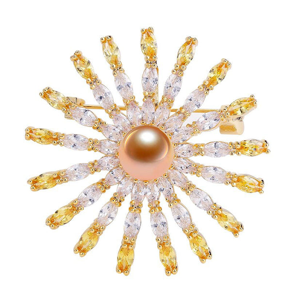 Natural Freshwater Pearl Brooch Austria Crystal Gold Round Brooch