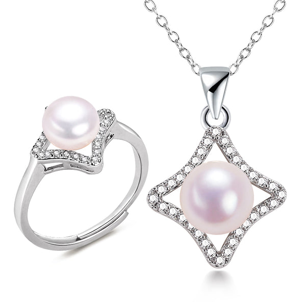 Conjuntos de joyería de perlas rombo, plata 925 y baño de oro, collar y pendientes de perlas naturales de agua dulce auténticas.