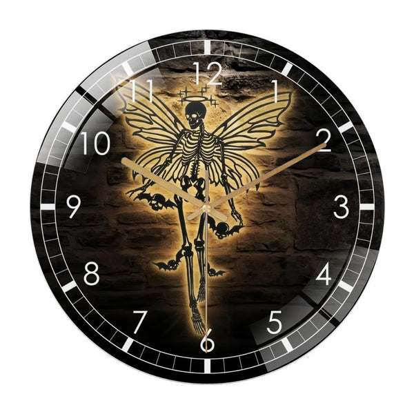 Decor Wall Clock: Skeleton Fairy Skull  Glass Wall Clock– Gothic Princess Decor Wall Clock for Haunted House & Party Decor for Homes, Bars, Offices, Man Caves, Garages, And Living Rooms