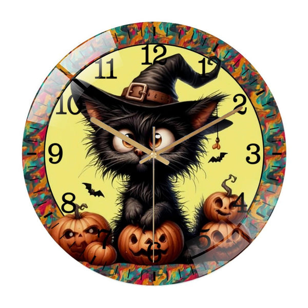 Decor Wall Clocks: Hallo-ween Big Eyes Black Cat  Glass Wall Clock ,Kitty Lover Gift Idea for Homes, Bars, Offices, Man Caves, Garages, And Living Rooms. Also Makes A Great Gift.