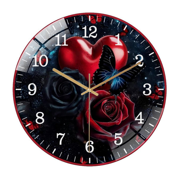 Decor Wall Clock: Gothic Butterfly, Heart And Rose  Glass Wall Clock,  Valentine Red Rose Wall Clock  for Homes, Bars, Offices, Man Caves, Garages, And Living Rooms .Also Makes A Great Gift.