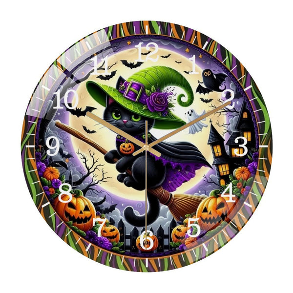 Decor Wall Clocks: Round Flying Black Cat Hallo-ween Glass Wall Clock，Cute Spooky  Hallo-ween Decor Wall Clock for Homes, Bars, Offices, Man Caves, Garages, And Living Rooms. Also Makes A Great Gift.