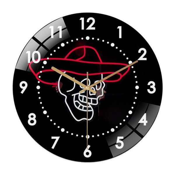 Decor Wall Clock: Skull with Sombrero  Glass Wall Clock– Mexican Hat Glass Wall Clock for Haunted House & Party Decor for Homes, Bars, Offices, Man Caves, Garages, And Living Rooms .esthetic Gifts