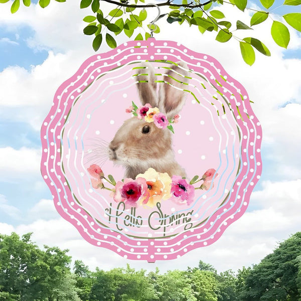 Funky Home Decor: Hello Spring Pink Bunny Wreath Wind Chimes，Spring Wind Chimes for Homes, Bars, Offices, Man Caves, Garages, And Living Rooms. Also Makes A Great Gift. Style 10*10in（25*25cm）