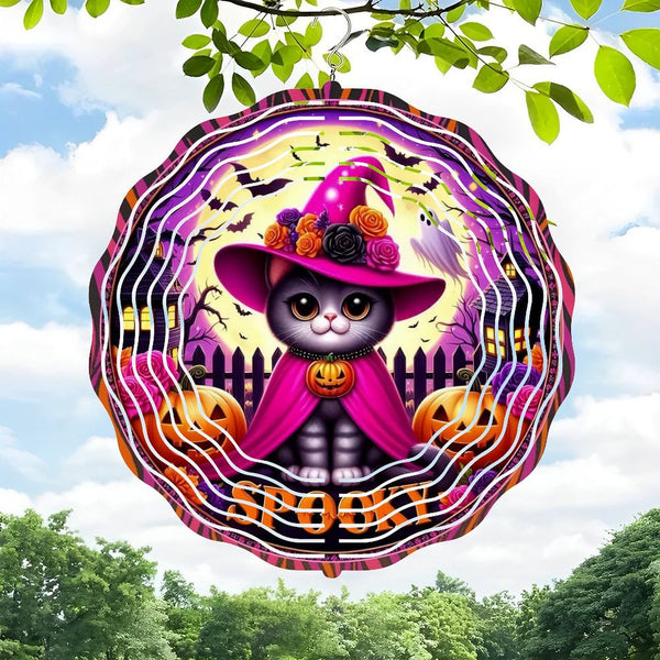 Funky Home Decor: Round Spooky Pink Cat Halloween Wind Chimes Witch Kitty Round Jack O Lantern Cat Decor Wind Chimes for Homes, Bars, Offices, Man Caves, Garages, And Living Rooms