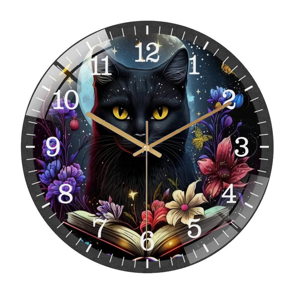 Decor Wall Clocks: Black Cat Hallo-ween Glass Wall Clock  for Homes, Bars, Offices, Man Caves, Garages, And Living Rooms. Also Makes A Great Gift. Style 12×12inch(30×30cm)