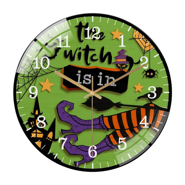 Decor Wall Clocks: The Witch Is In Glass Wall Clock, Hallo-ween Decor, Spooky Season, Halloween Welcome Glass Wall Clock for Homes, Bars, Offices, Man Caves, Garages, And Living Rooms.
