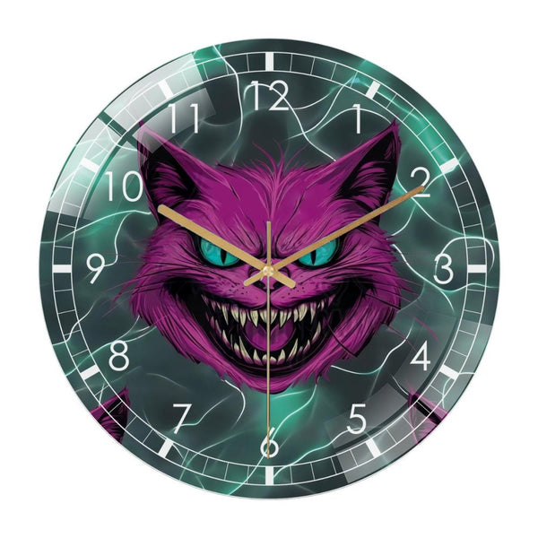 Decor Wall Clock: Evil Cheshire Cat Glass Wall Clock, Cat Decor And Gift Wall Clock for Homes, Bars, Offices, Man Caves, Garages, And Living Rooms .Also Makes A Great Gift. Style 12×12inch