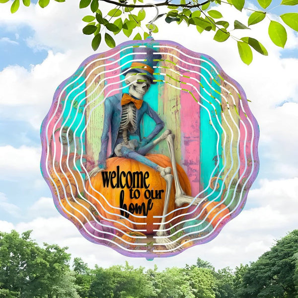 Funky Home Decor: Colorful Skeleton Sitting on Pumpkin Wind Chimes,  Spooky Hallo-ween Wind Chimes for Homes, Bars, Offices, Man Caves, Garages, And Living Rooms .Also Makes A Great Gift.