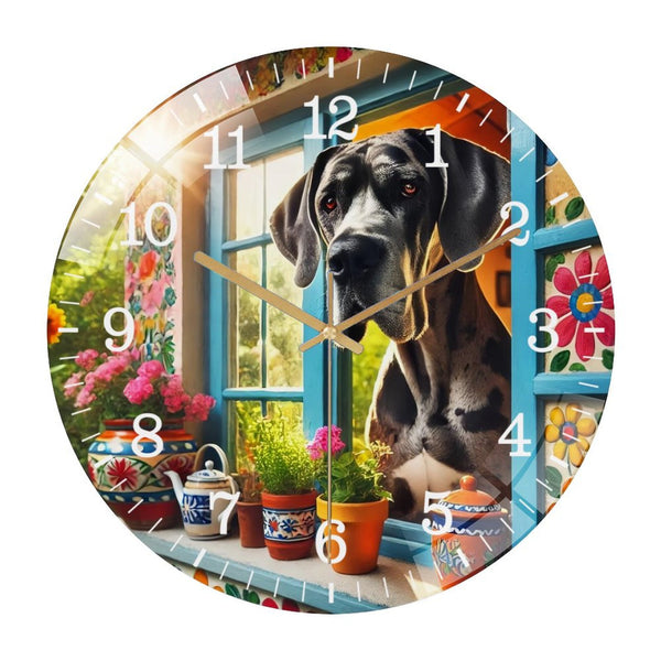 Decor Wall Clocks: Great Dane in Window Dog Glass Wall Clock ,Dog Lover  Wall Clock  for Homes, Bars, Offices, Man Caves, Garages, And Living Rooms. .Also Makes A Great Gift.Housewarming Gift