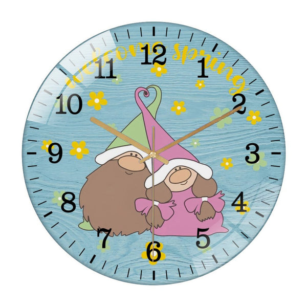 Decor Wall Clocks: Welcome Spring Gnome Couple  Glass Wall Clock ，gnome Couple Wall Clock for Homes, Bars, Offices, Man Caves, Garages, And Living Rooms. Also Makes A Great Gift.