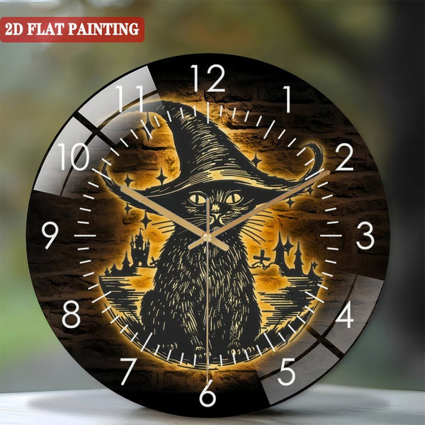 Clocks Wall Decor: Witch Black Cat Glass Wall Clocks, Magic Cat Glass Wall Clocks,Home Decor Pumpkin Cat Witch Halloween Decoration Black Cat Horror Housewarming Style 12×12inch(30×30cm)